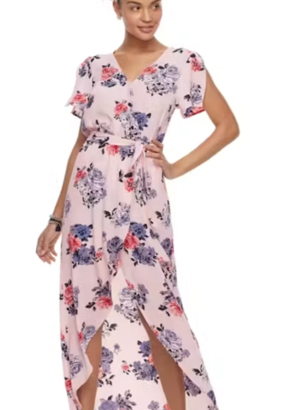 Candie's Pink Floral Maxi Wrap Dress with Tie Waist